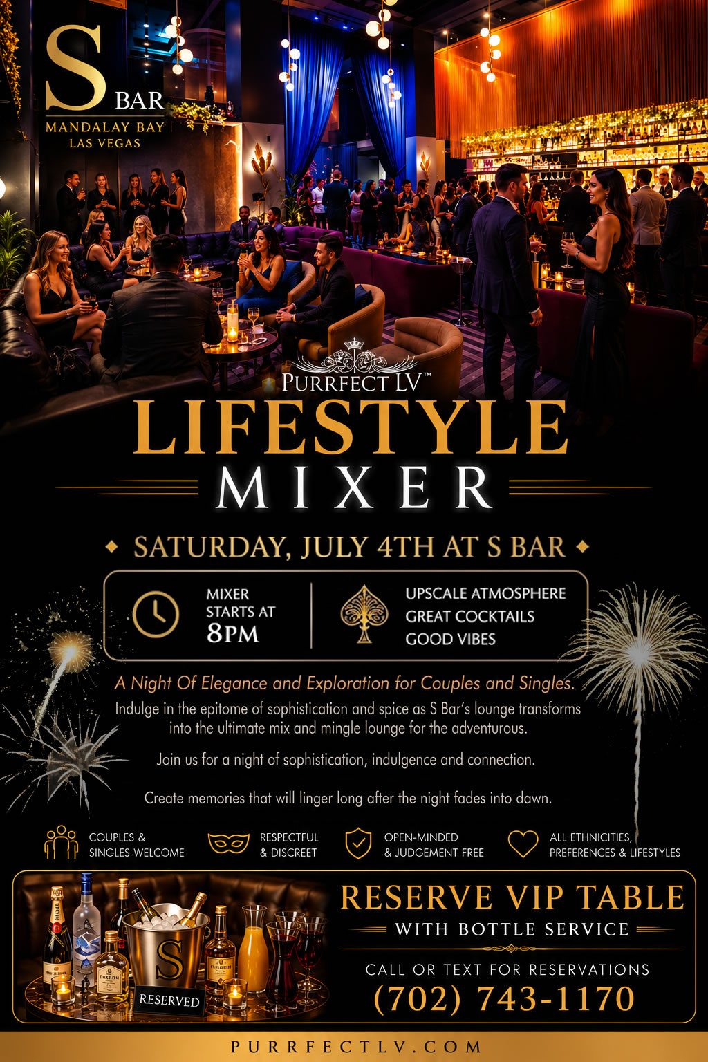 Attractive couples and singles enjoying the July 4th Lifestyle Mixer at S Bar Las Vegas, featuring upscale nightlife, cocktails, and socializing.