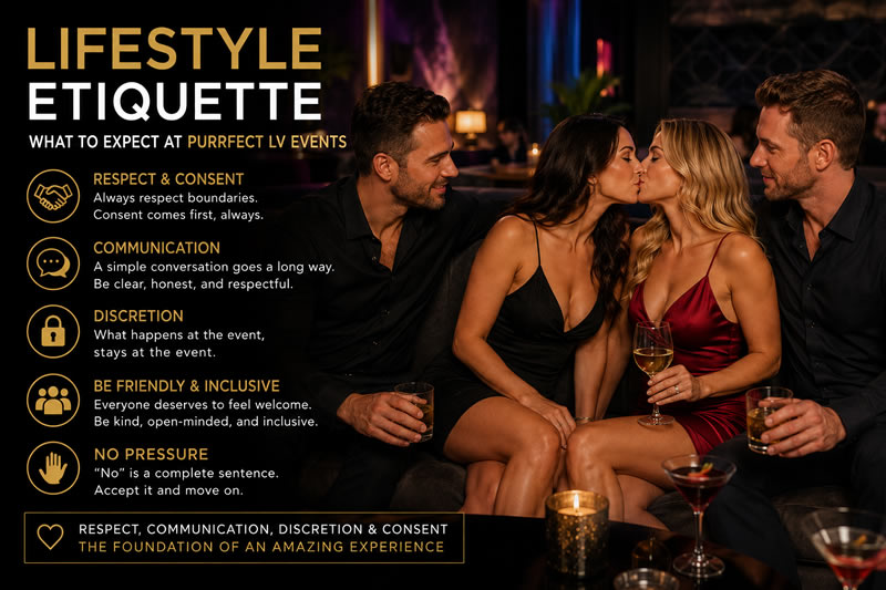 Stylish couples socializing at an upscale Las Vegas lifestyle event highlighting etiquette, consent, communication, and respectful interactions.