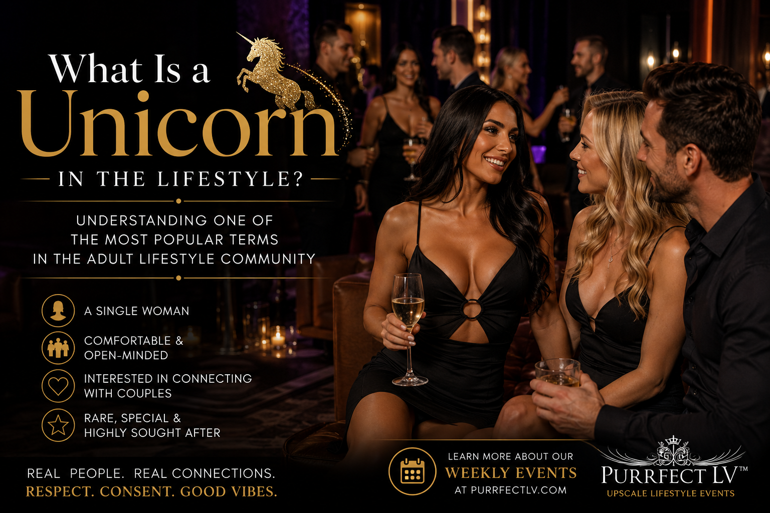 Single woman socializing with a couple at an upscale adult lifestyle event while learning what a Unicorn is in the lifestyle community.