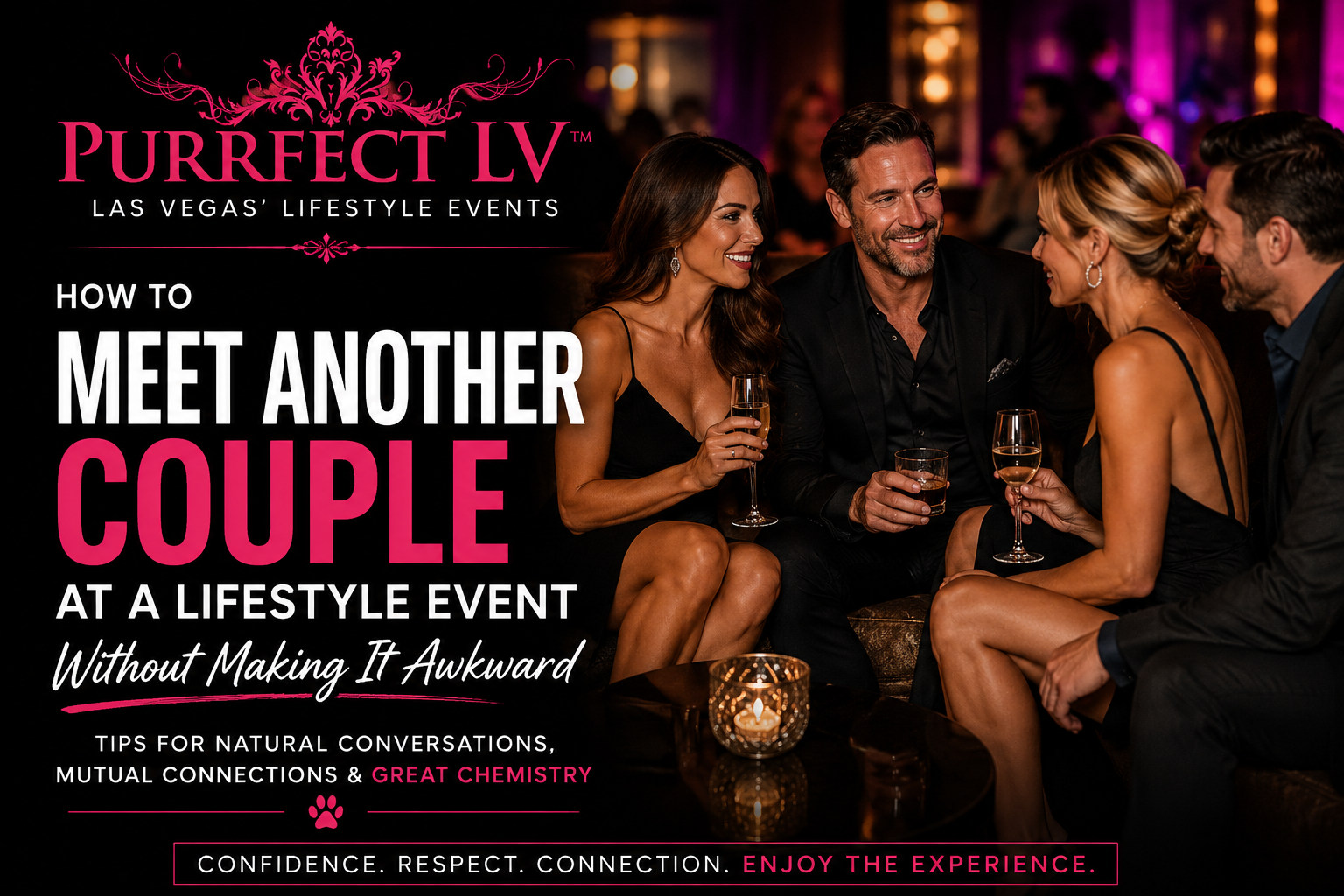 Two couples enjoying drinks and conversation at an upscale lifestyle event, illustrating how to meet another couple naturally and respectfully.