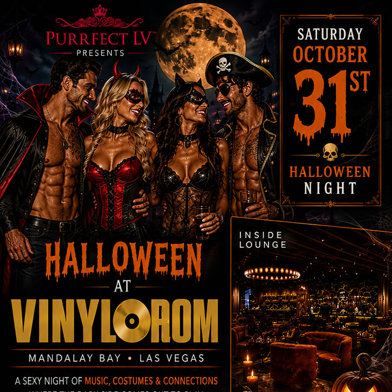 Purrfect Halloween Party event flyer featuring costumed couples celebrating Halloween at Vinyl Room inside Mandalay Bay with cocktails, Halloween décor, and Las Vegas skyline views.
