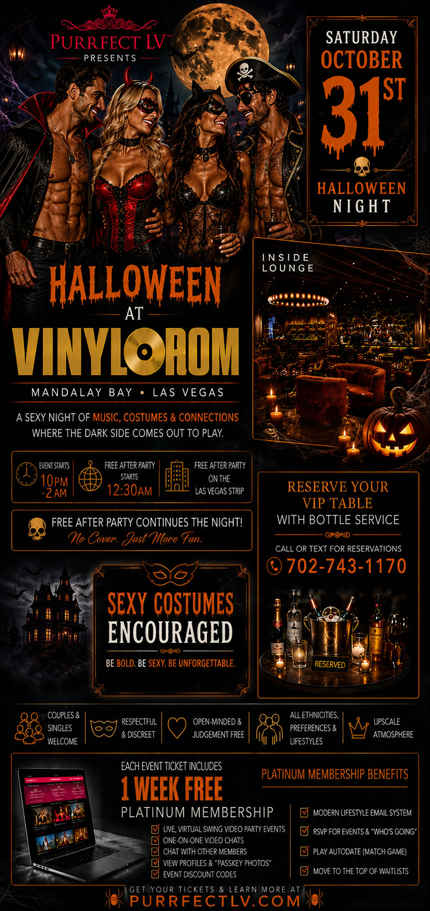 Purrfect Halloween Party event flyer featuring costumed couples celebrating Halloween at Vinyl Room inside Mandalay Bay with cocktails, Halloween décor, and Las Vegas skyline views.