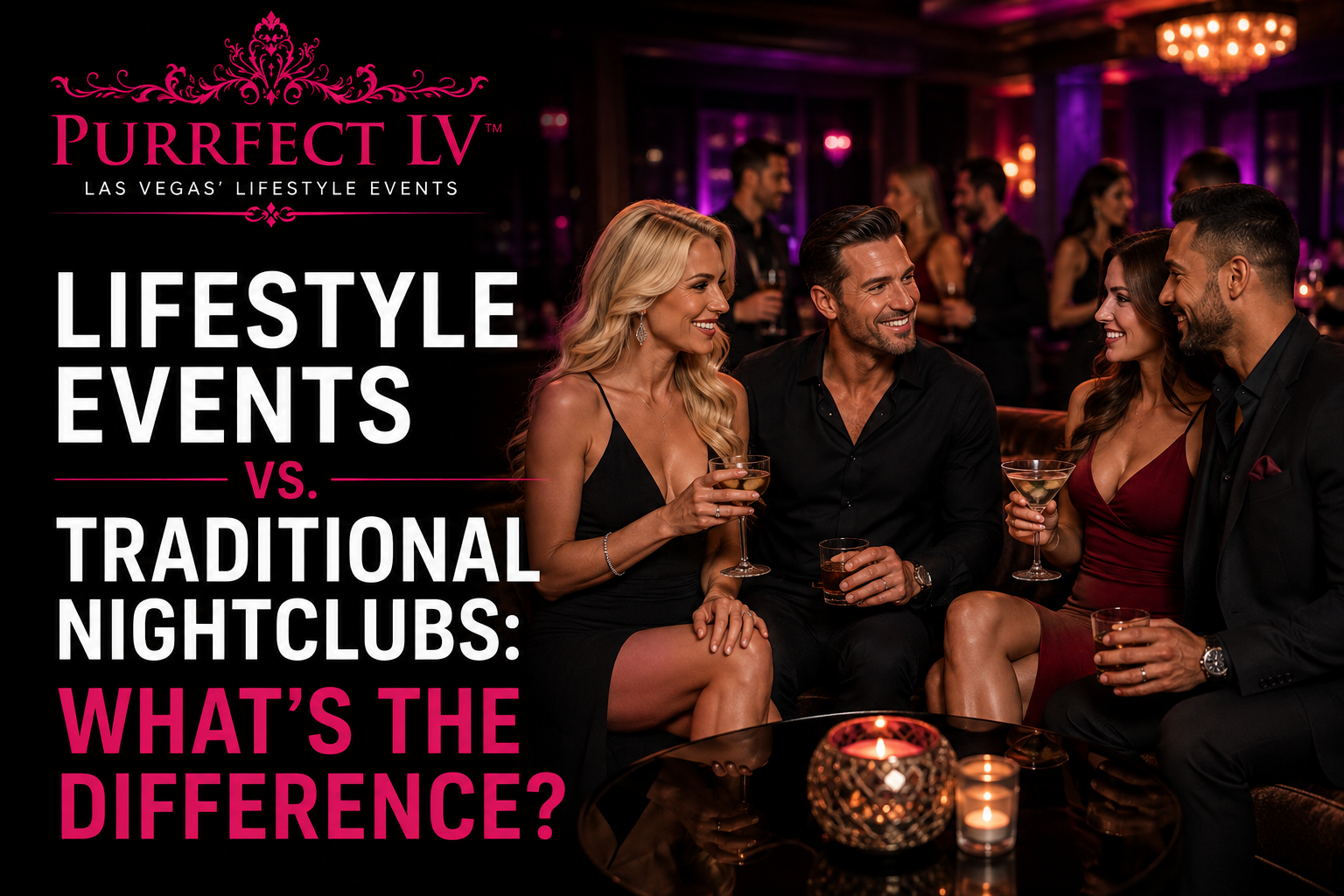 Well-dressed couples socializing in an upscale Las Vegas lounge, illustrating the difference between lifestyle events and traditional nightclubs.
