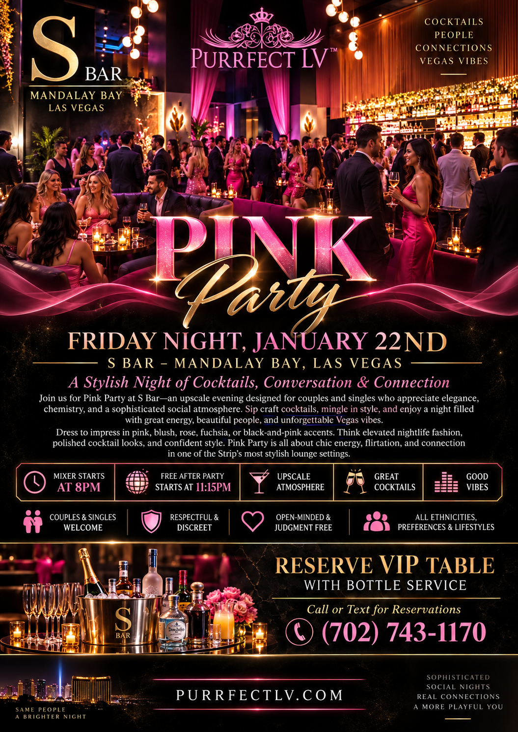 Full flyer for the Pink Party lifestyle mixer at S Bar inside Mandalay Bay Las Vegas on January 22, 2027