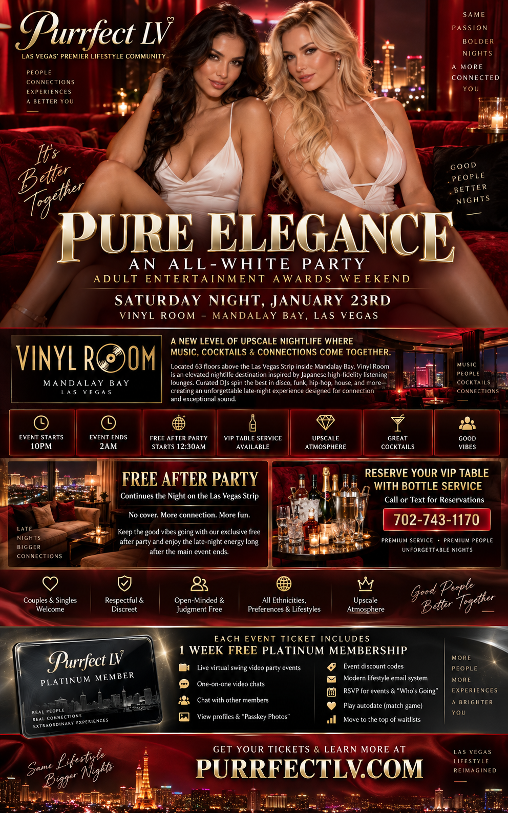 Full flyer for the Pure Elegance all-white party at Vinyl Room in Mandalay Bay Las Vegas on January 23, 2027