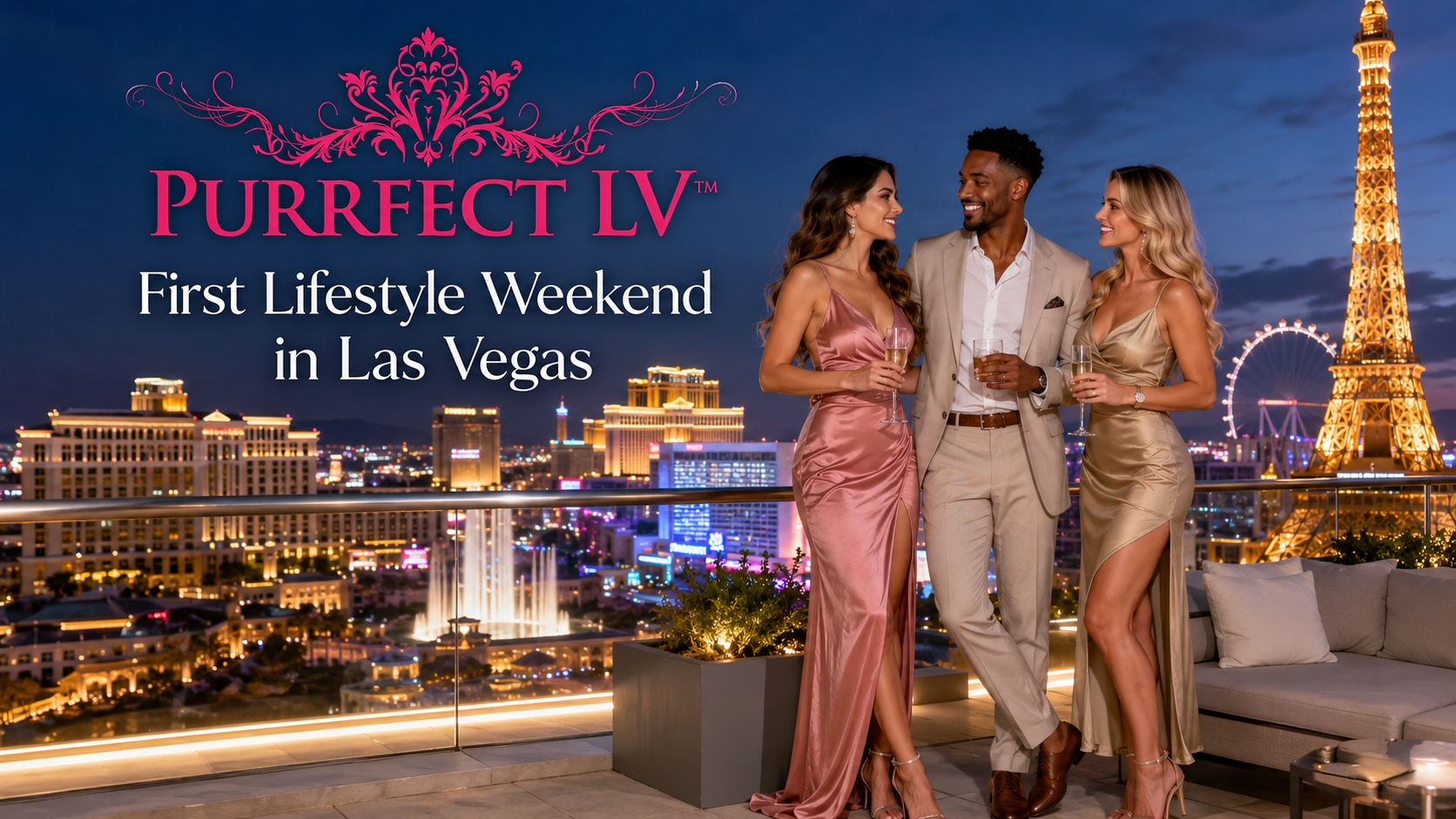 Stylish man and two women enjoying drinks on a Las Vegas rooftop at night, representing a first lifestyle weekend in Las Vegas.