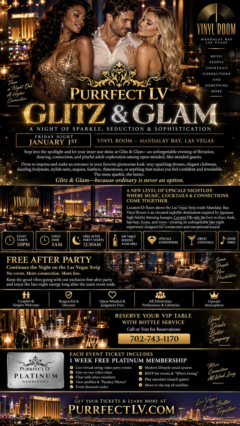 Full event flyer for the Glitz and Glam lifestyle party at Vinyl Room in Mandalay Bay Las Vegas on January 1, 2027